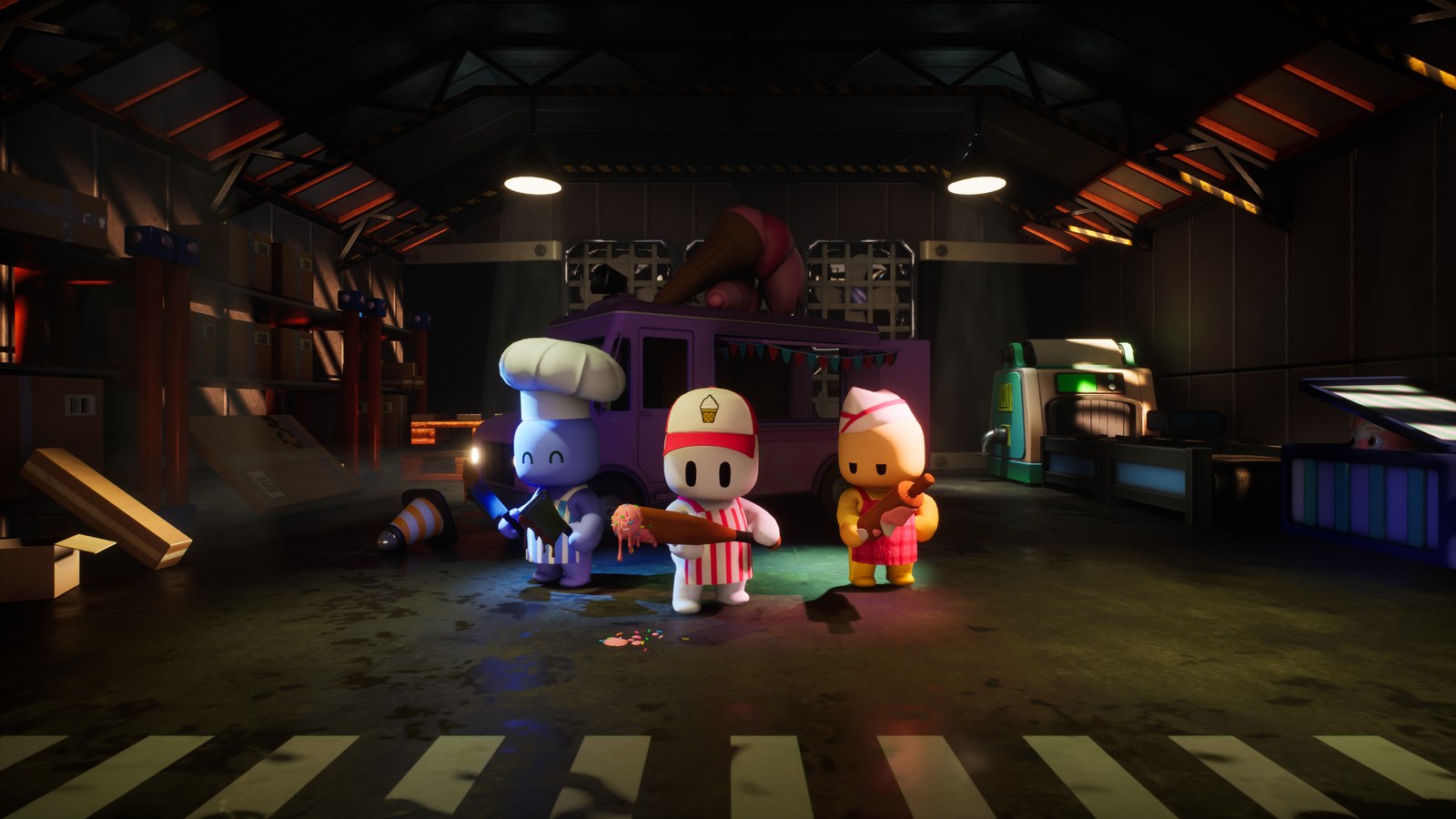 Three Sweet Deceit shopkeepers holding a cleaver, a melting ice-cream cone and a rolling pin in a dark warehouse beside an ice-cream van